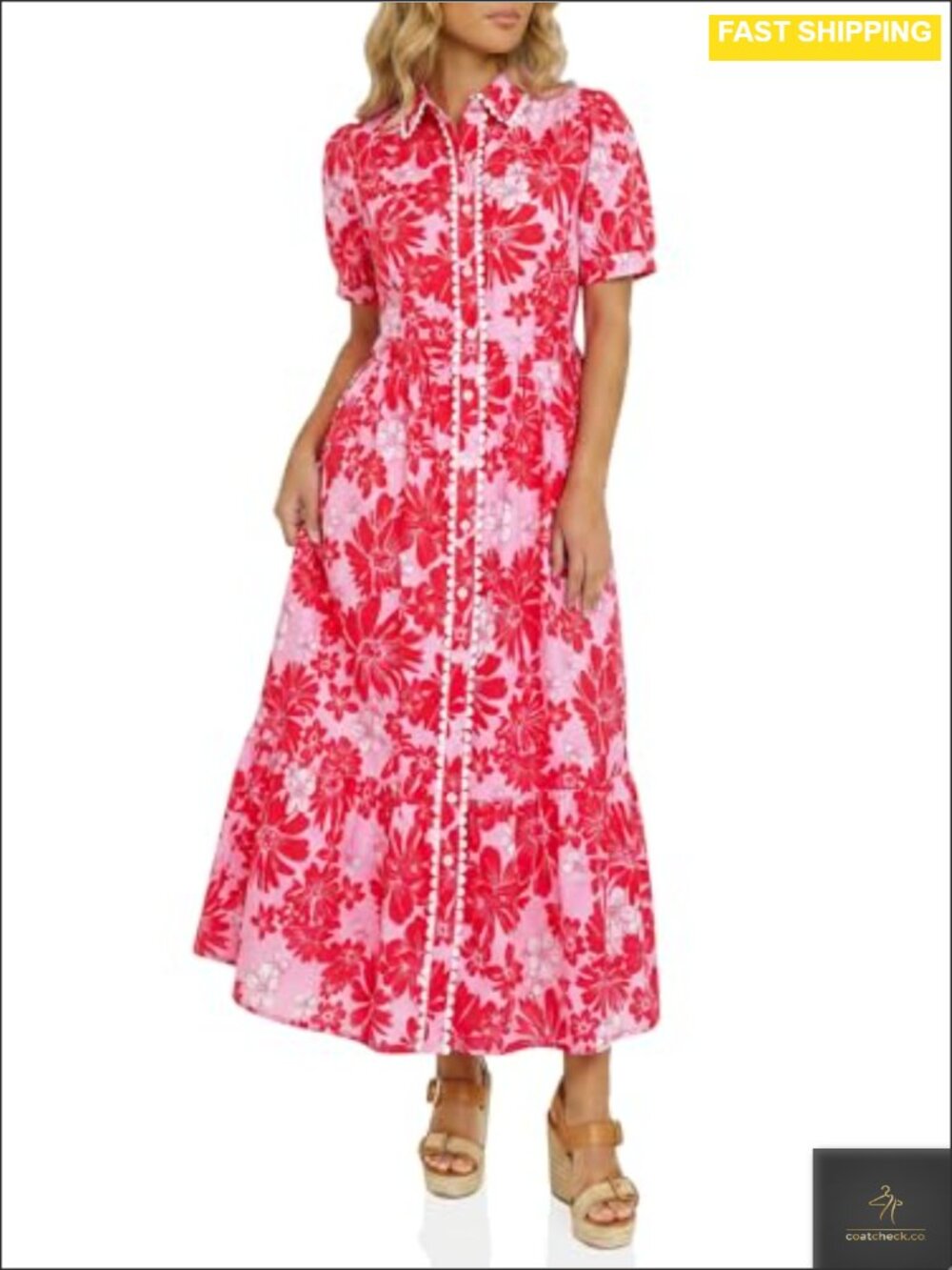 Womens Maxi Shirt Dress Floral Short Sleeve Button Front Drawstring Waist